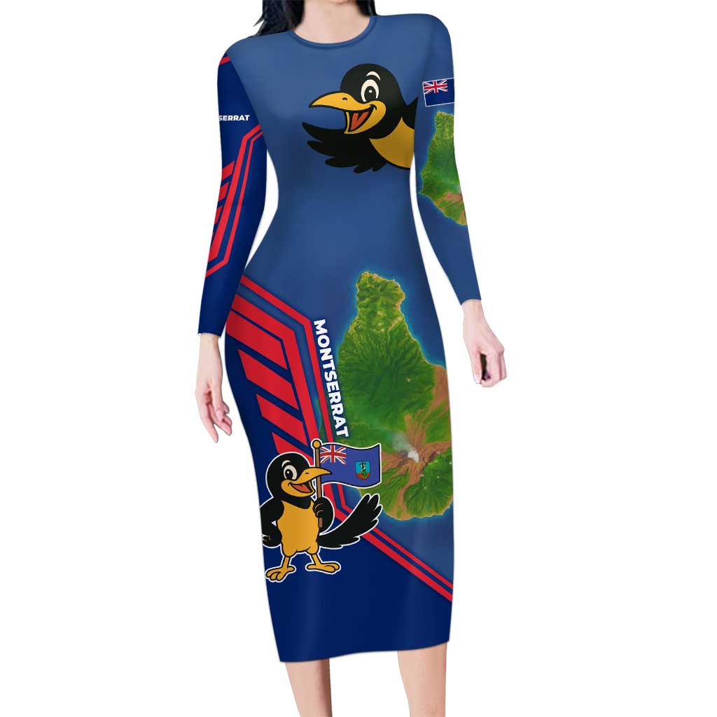 Montserrat Long Sleeve Bodycon Dress with Cartoon Bird and Island Map Blue Red Stripe Design - Wonder Print Shop