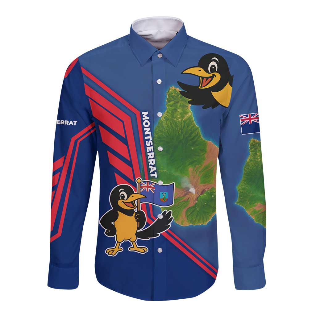 Montserrat Long Sleeve Button Shirt with Cartoon Bird and Island Map Blue Red Stripe Design - Wonder Print Shop