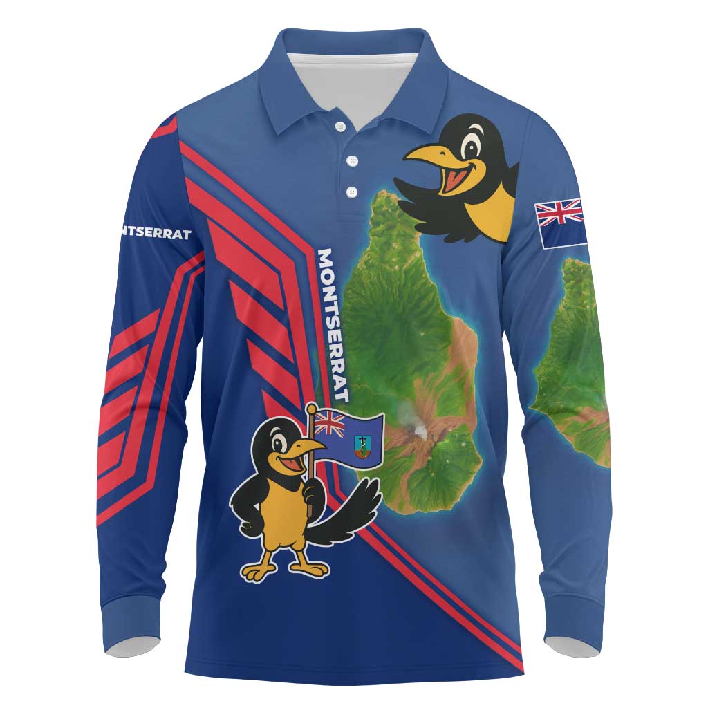 Montserrat Long Sleeve Polo Shirt with Cartoon Bird and Island Map Blue Red Stripe Design - Wonder Print Shop