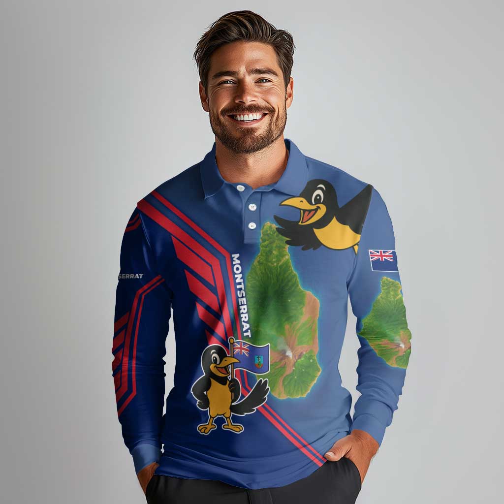 Montserrat Long Sleeve Polo Shirt with Cartoon Bird and Island Map Blue Red Stripe Design - Wonder Print Shop