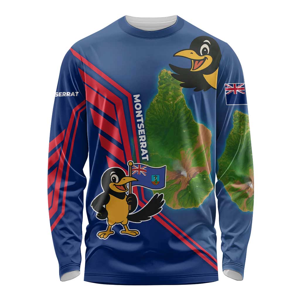 Montserrat Long Sleeve Shirt with Cartoon Bird and Island Map Blue Red Stripe Design - Wonder Print Shop