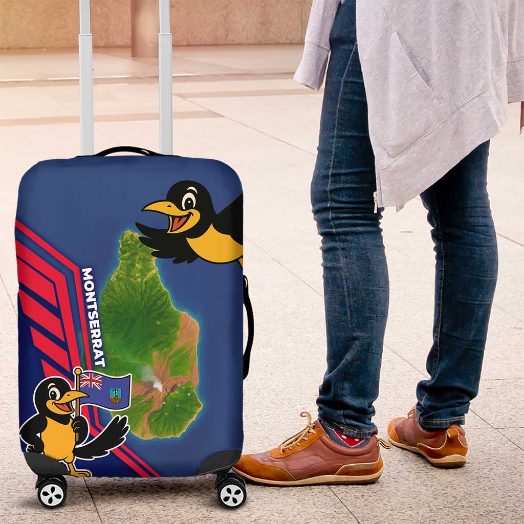 Montserrat Luggage Cover with Cartoon Bird and Island Map Blue Red Stripe Design - Wonder Print Shop