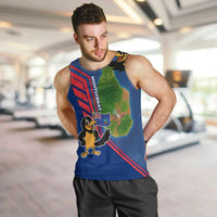 Montserrat Men Tank Top with Cartoon Bird and Island Map Blue Red Stripe Design - Wonder Print Shop