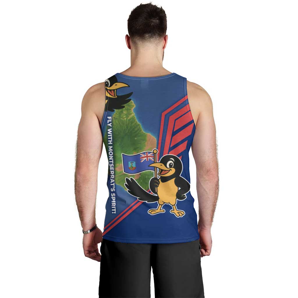 Montserrat Men Tank Top with Cartoon Bird and Island Map Blue Red Stripe Design - Wonder Print Shop