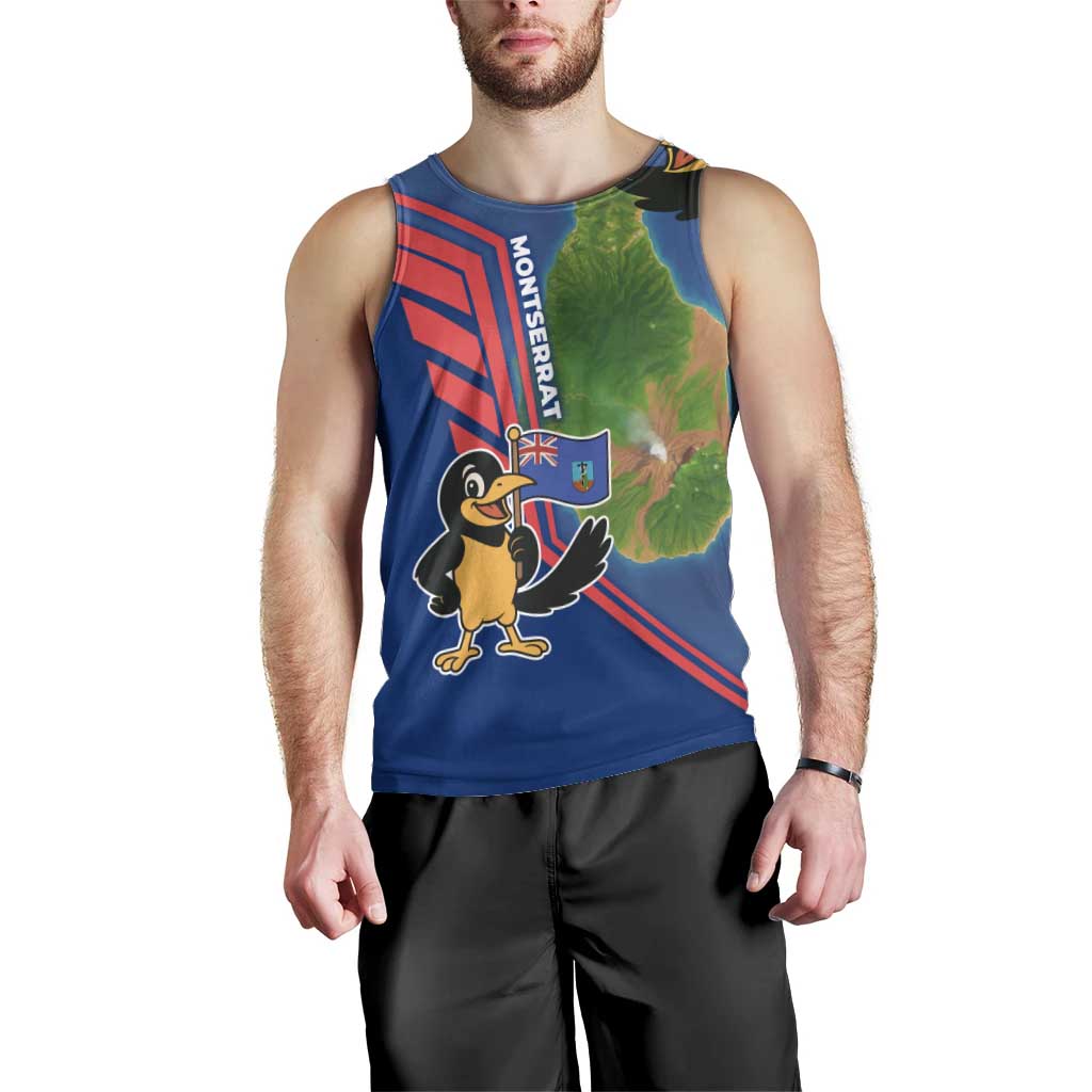 Montserrat Men Tank Top with Cartoon Bird and Island Map Blue Red Stripe Design - Wonder Print Shop