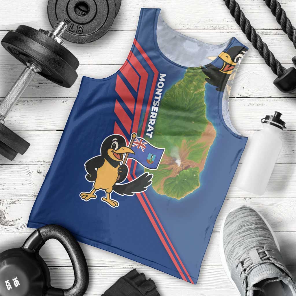 Montserrat Men Tank Top with Cartoon Bird and Island Map Blue Red Stripe Design - Wonder Print Shop