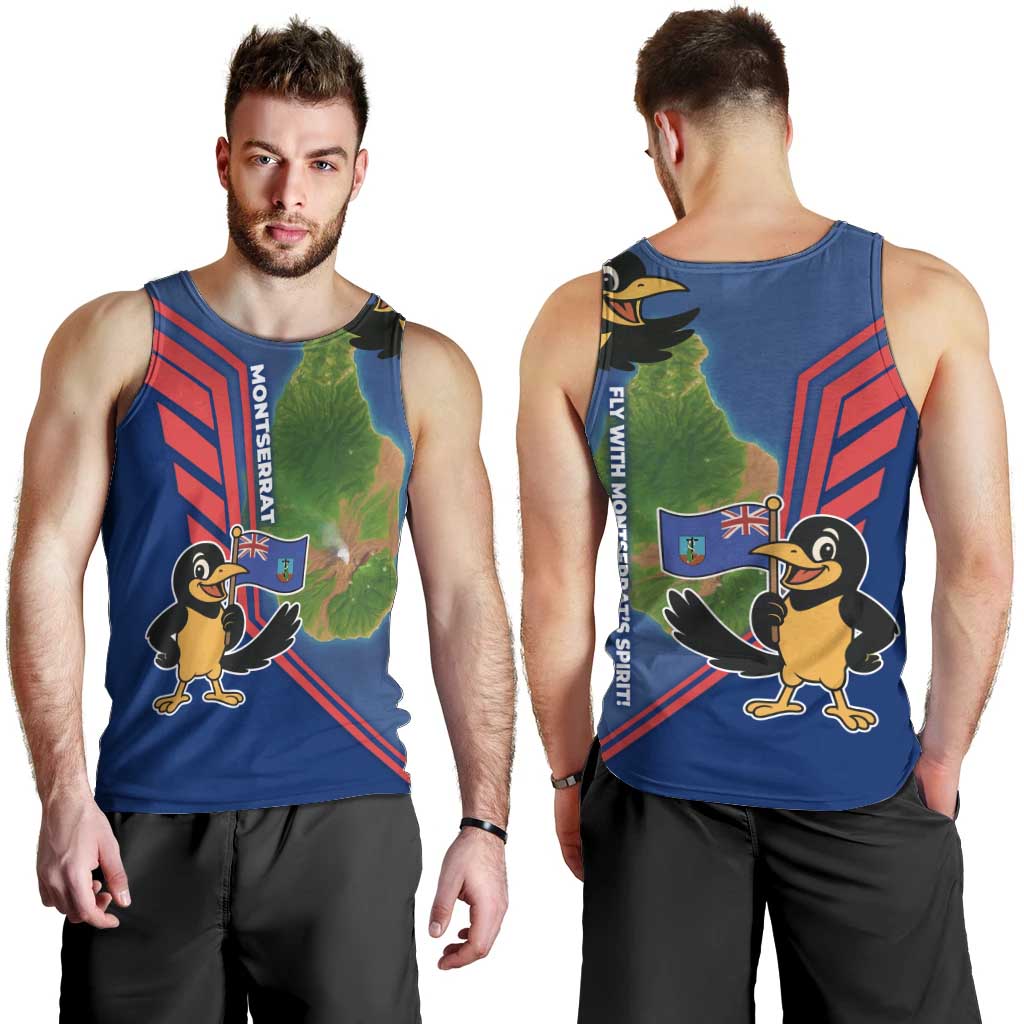 Montserrat Men Tank Top with Cartoon Bird and Island Map Blue Red Stripe Design - Wonder Print Shop