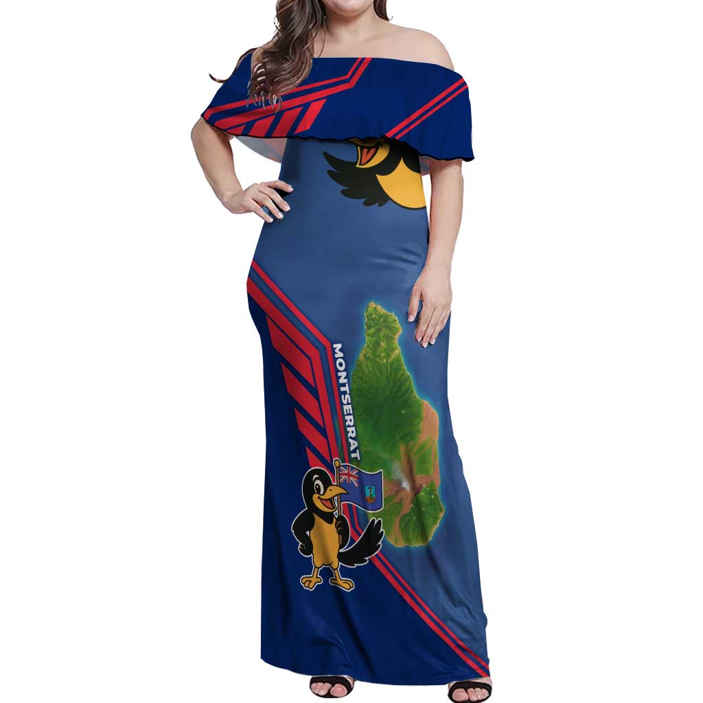 Montserrat Off Shoulder Maxi Dress with Cartoon Bird and Island Map Blue Red Stripe Design - Wonder Print Shop