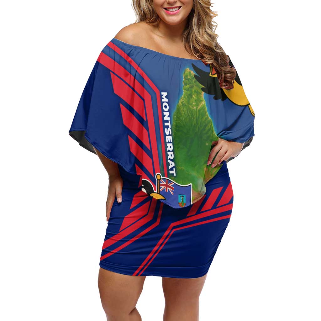Montserrat Off Shoulder Short Dress with Cartoon Bird and Island Map Blue Red Stripe Design - Wonder Print Shop