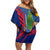 Montserrat Off Shoulder Short Dress with Cartoon Bird and Island Map Blue Red Stripe Design - Wonder Print Shop