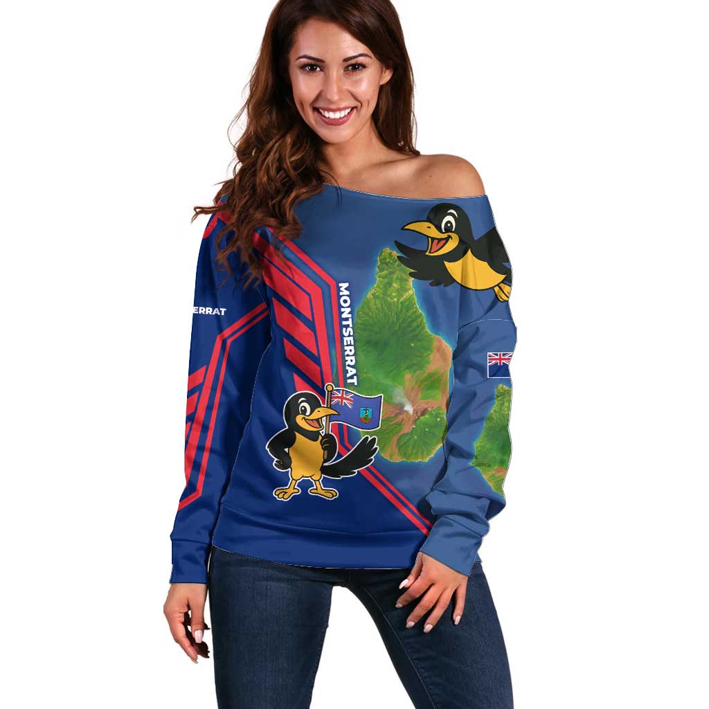 Montserrat Off Shoulder Sweater with Cartoon Bird and Island Map Blue Red Stripe Design - Wonder Print Shop