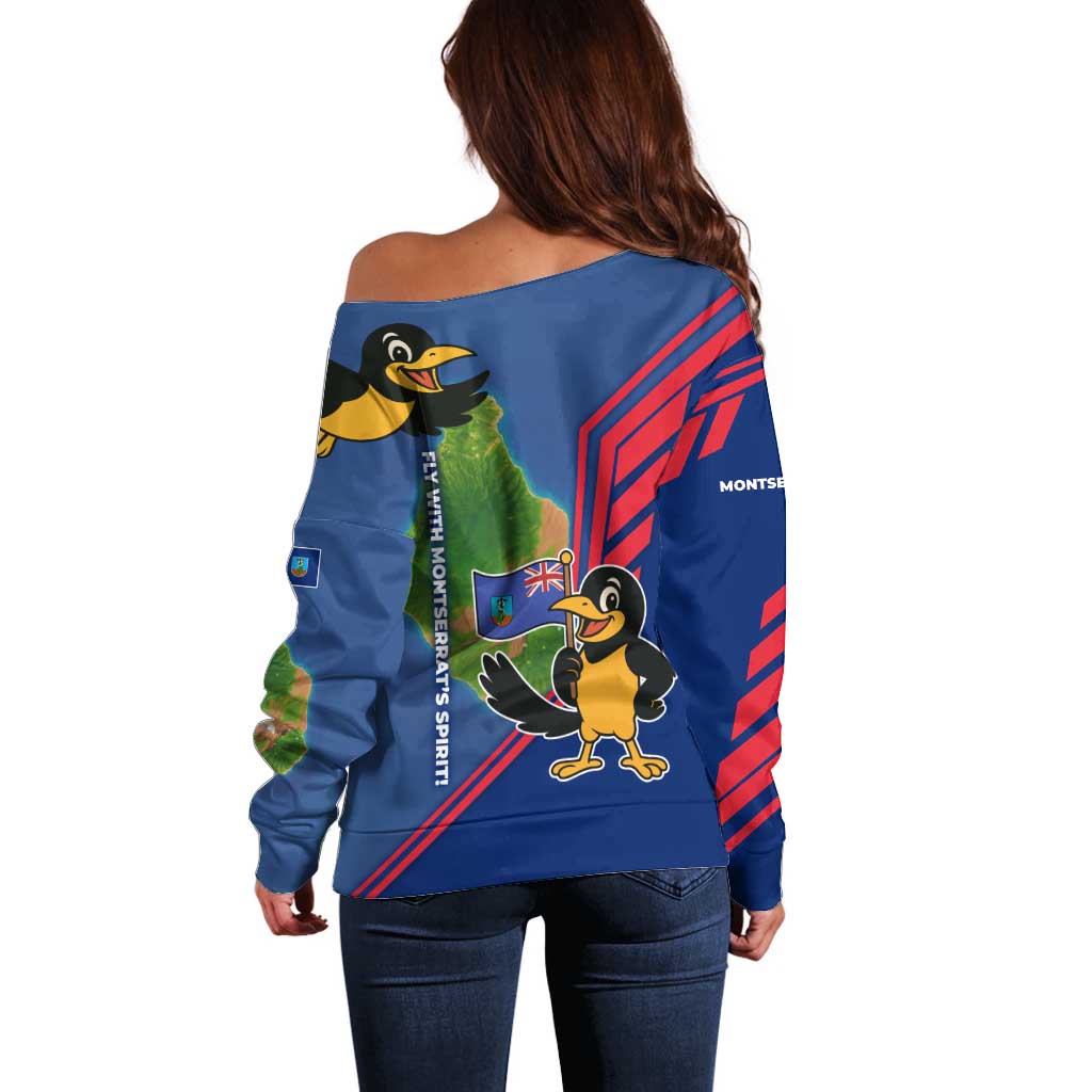 Montserrat Off Shoulder Sweater with Cartoon Bird and Island Map Blue Red Stripe Design - Wonder Print Shop