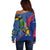 Montserrat Off Shoulder Sweater with Cartoon Bird and Island Map Blue Red Stripe Design - Wonder Print Shop