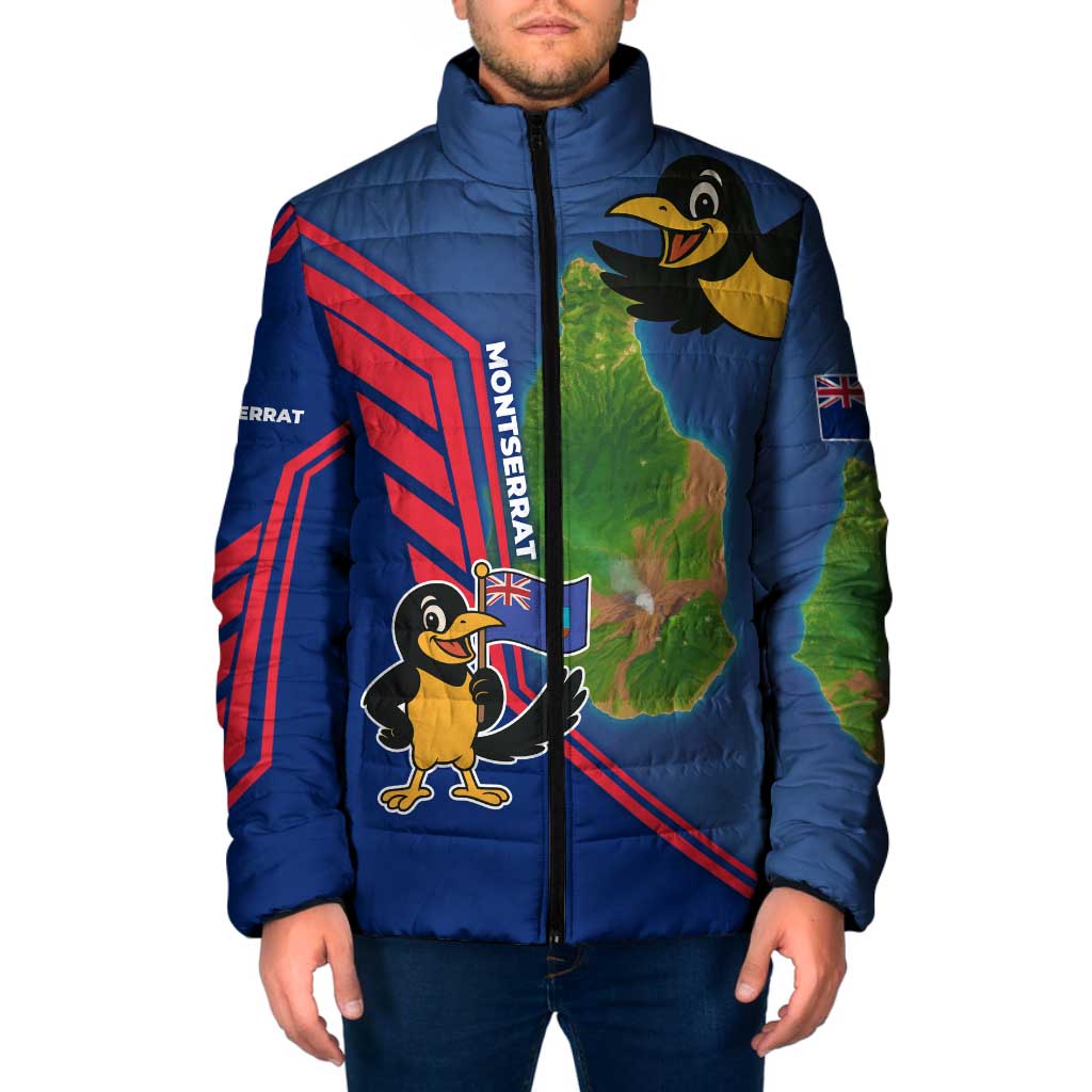 Montserrat Padded Jacket with Cartoon Bird and Island Map Blue Red Stripe Design - Wonder Print Shop