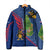 Montserrat Padded Jacket with Cartoon Bird and Island Map Blue Red Stripe Design - Wonder Print Shop