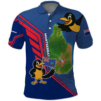Montserrat Polo Shirt with Cartoon Bird and Island Map Blue Red Stripe Design - Wonder Print Shop