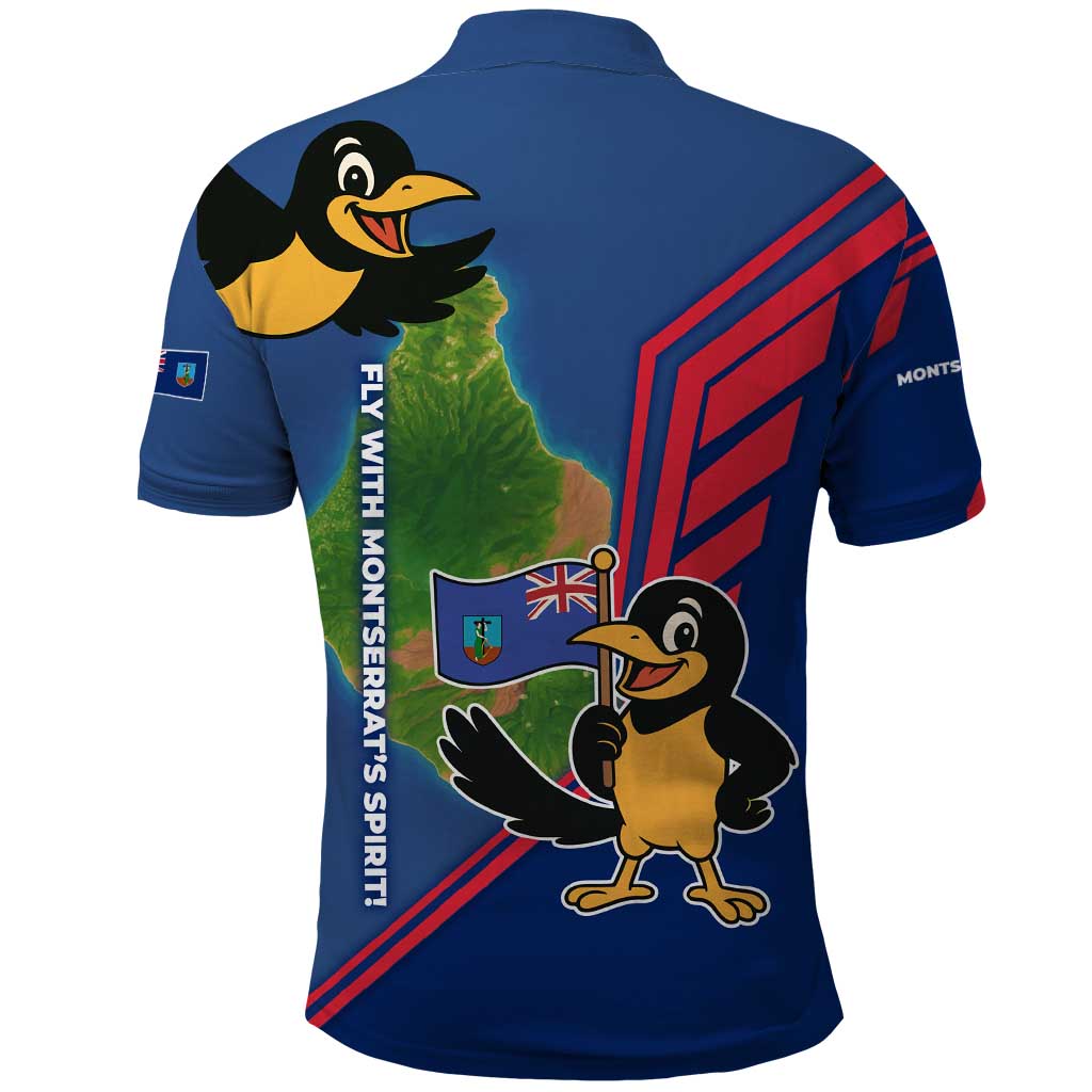 Montserrat Polo Shirt with Cartoon Bird and Island Map Blue Red Stripe Design - Wonder Print Shop
