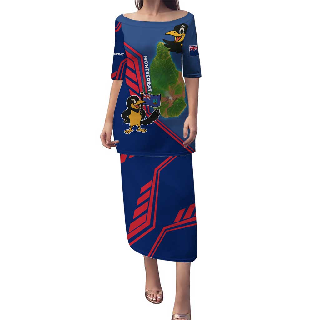 Montserrat Puletasi with Cartoon Bird and Island Map Blue Red Stripe Design - Wonder Print Shop