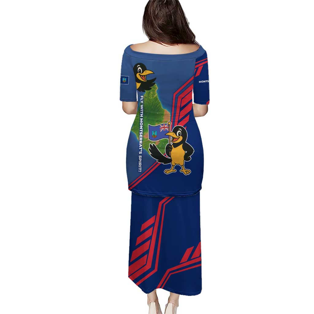 Montserrat Puletasi with Cartoon Bird and Island Map Blue Red Stripe Design - Wonder Print Shop