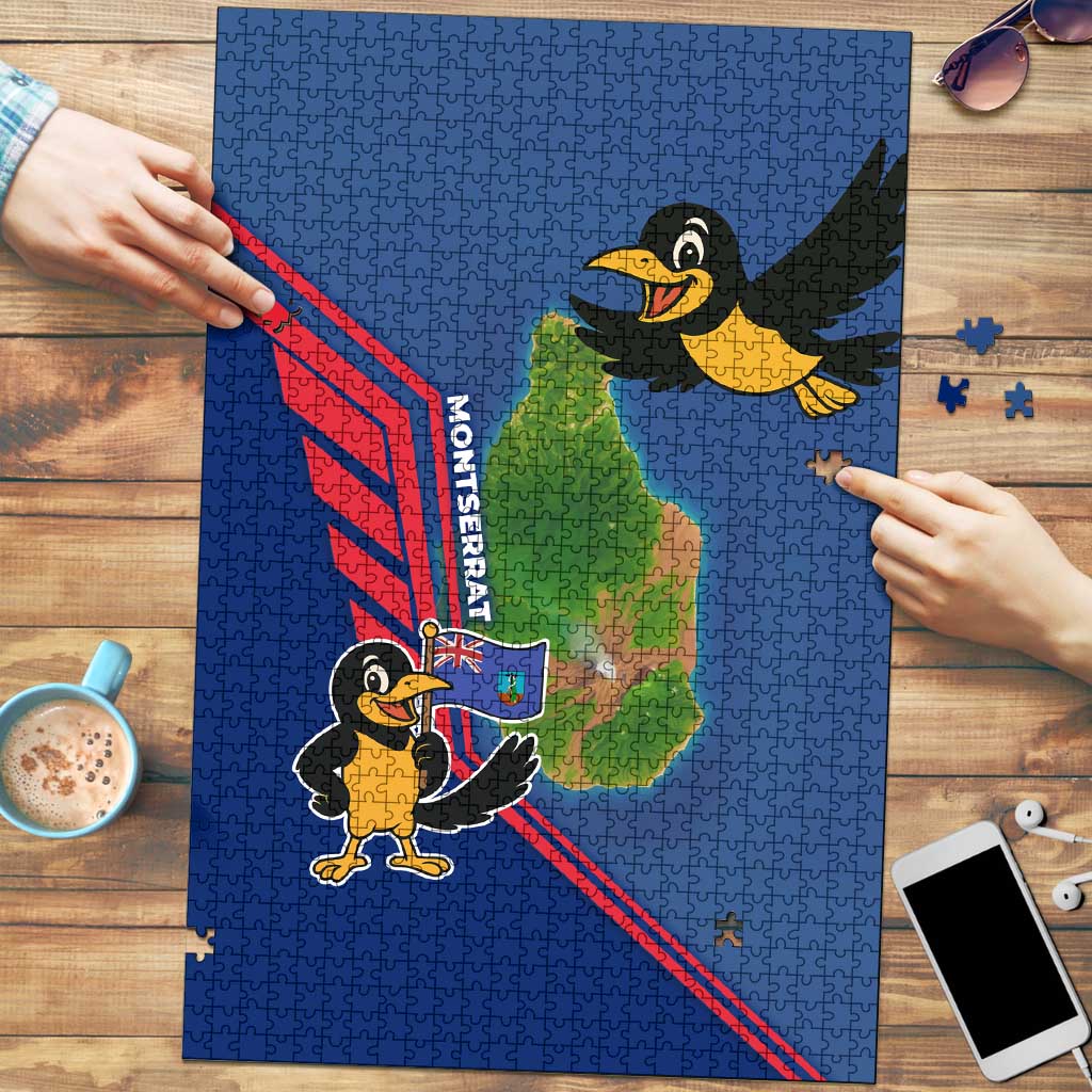 Montserrat Puzzle with Cartoon Bird and Island Map Blue Red Stripe Design - Wonder Print Shop