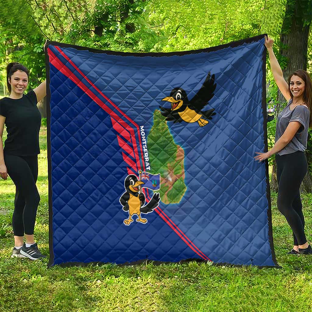 Montserrat Quilt with Cartoon Bird and Island Map Blue Red Stripe Design - Wonder Print Shop