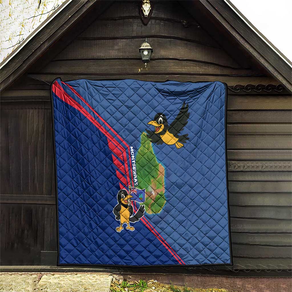 Montserrat Quilt with Cartoon Bird and Island Map Blue Red Stripe Design - Wonder Print Shop