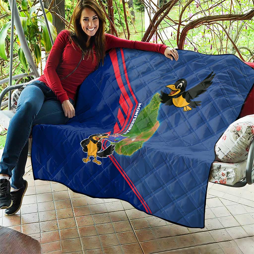 Montserrat Quilt with Cartoon Bird and Island Map Blue Red Stripe Design - Wonder Print Shop