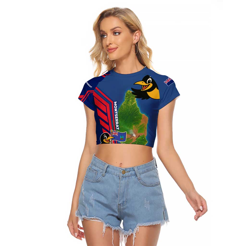 Montserrat Raglan Cropped T Shirt with Cartoon Bird and Island Map Blue Red Stripe Design - Wonder Print Shop