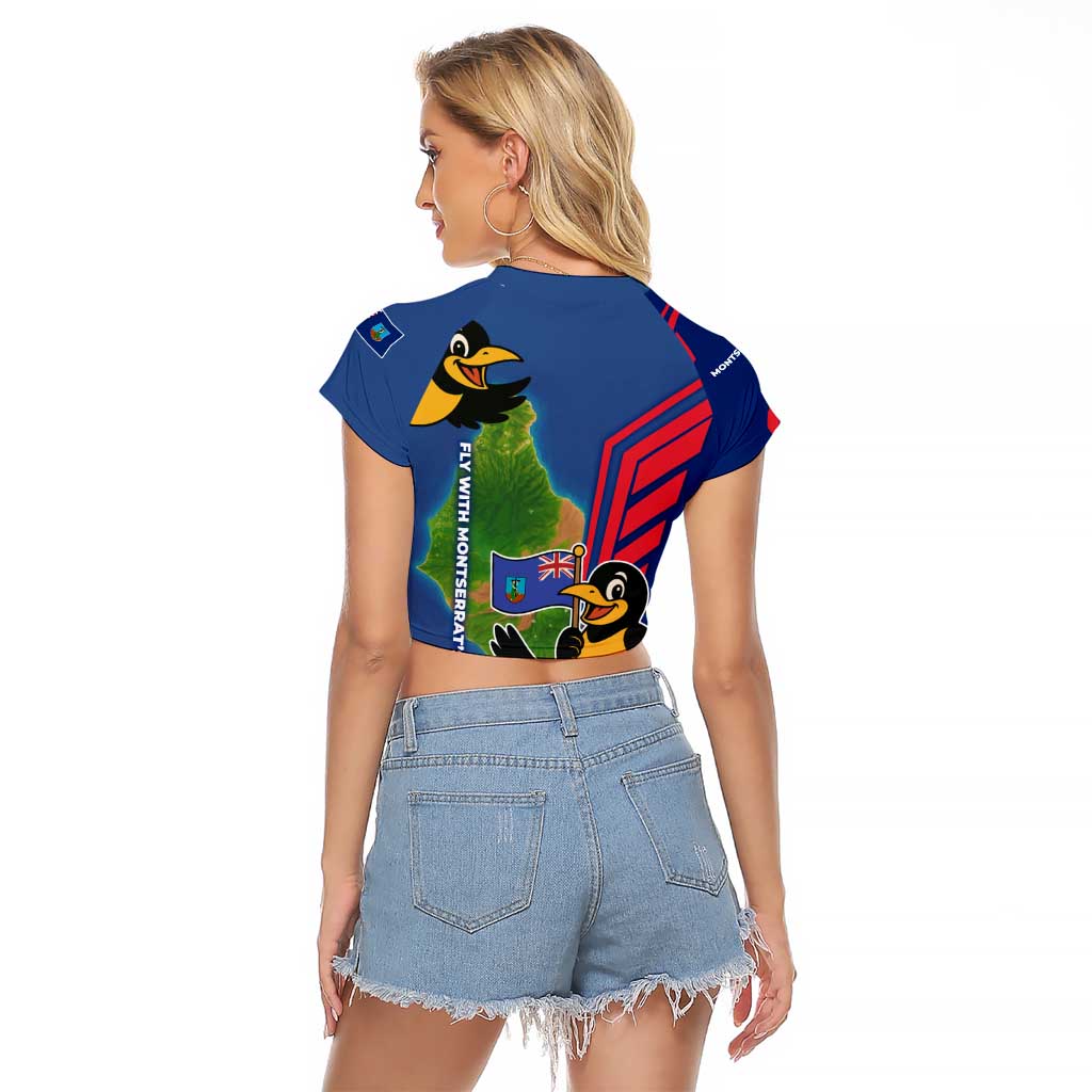 Montserrat Raglan Cropped T Shirt with Cartoon Bird and Island Map Blue Red Stripe Design - Wonder Print Shop