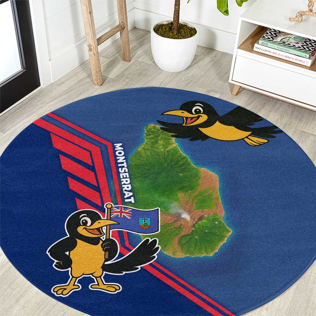 Montserrat Round Carpet with Cartoon Bird and Island Map Blue Red Stripe Design - Wonder Print Shop