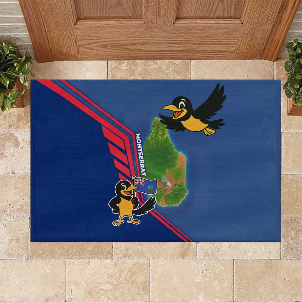 Montserrat Rubber Doormat with Cartoon Bird and Island Map Blue Red Stripe Design - Wonder Print Shop