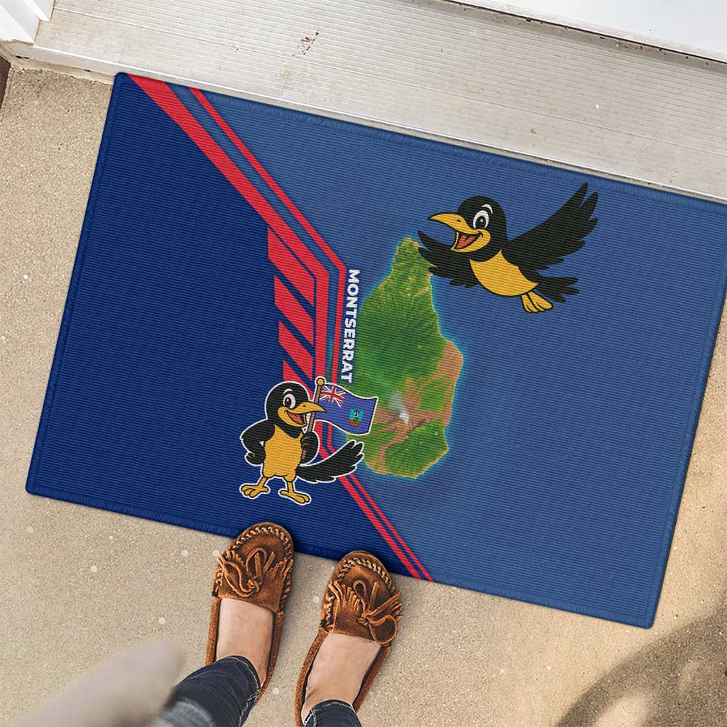 Montserrat Rubber Doormat with Cartoon Bird and Island Map Blue Red Stripe Design - Wonder Print Shop