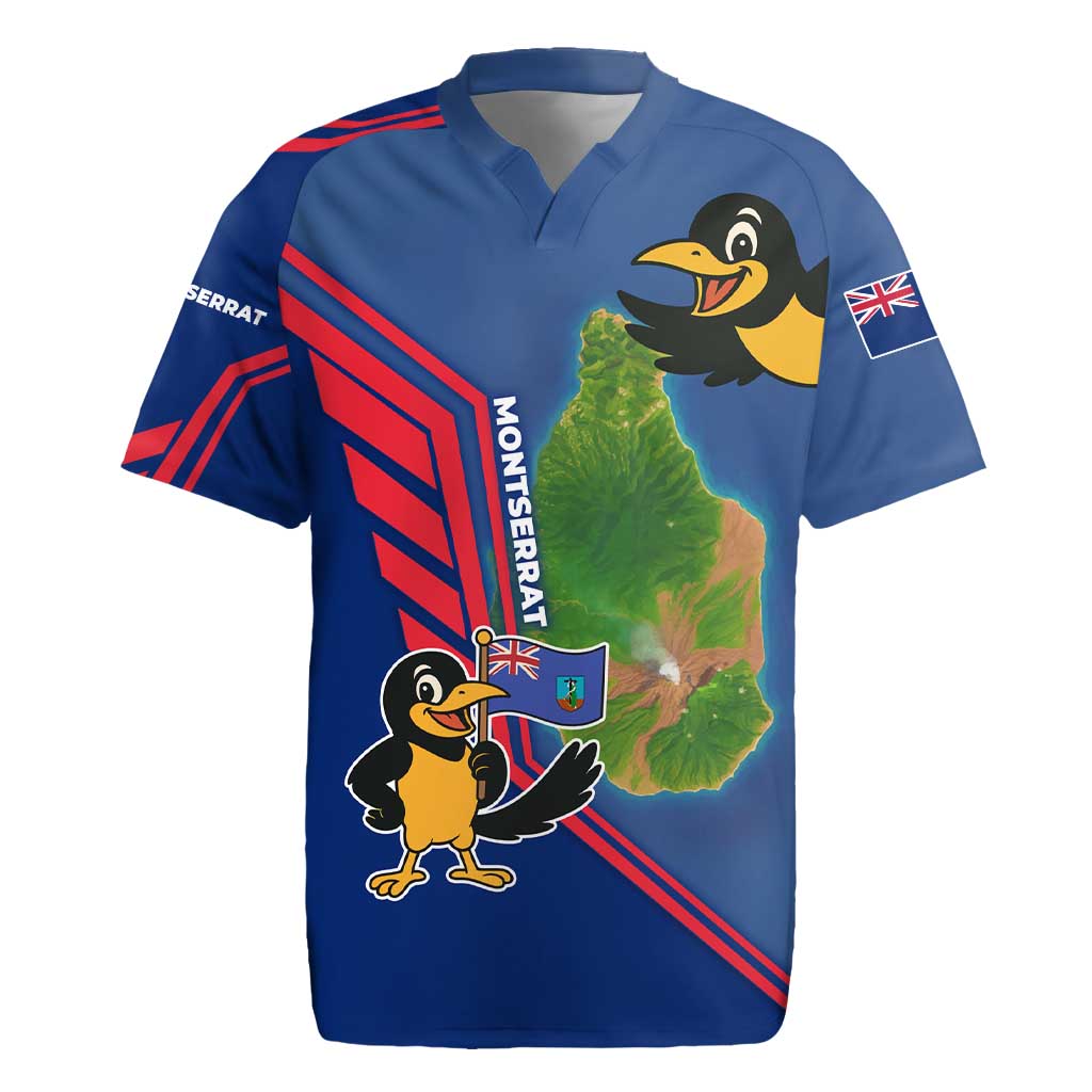 Montserrat Rugby Jersey with Cartoon Bird and Island Map Blue Red Stripe Design - Wonder Print Shop
