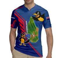 Montserrat Rugby Jersey with Cartoon Bird and Island Map Blue Red Stripe Design - Wonder Print Shop