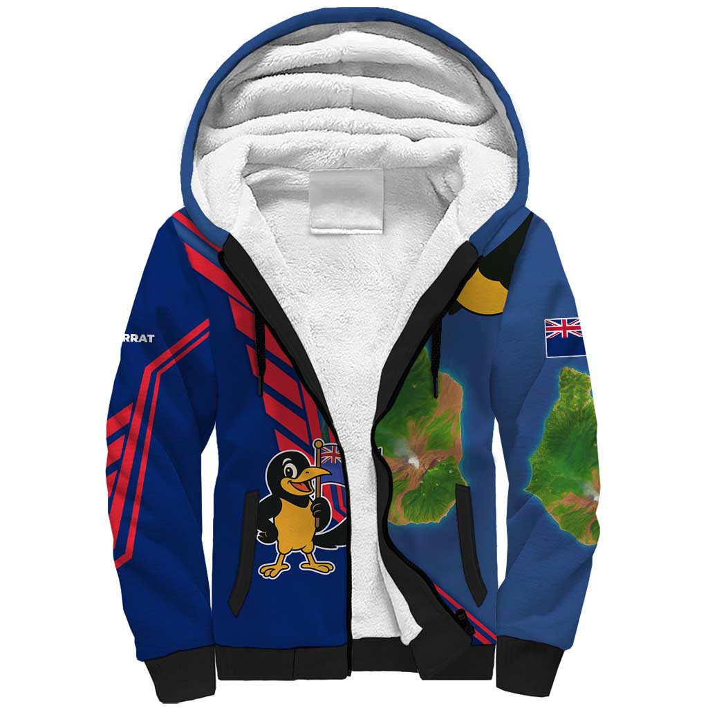 Montserrat Sherpa Hoodie with Cartoon Bird and Island Map Blue Red Stripe Design - Wonder Print Shop