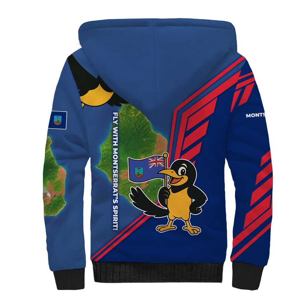 Montserrat Sherpa Hoodie with Cartoon Bird and Island Map Blue Red Stripe Design - Wonder Print Shop