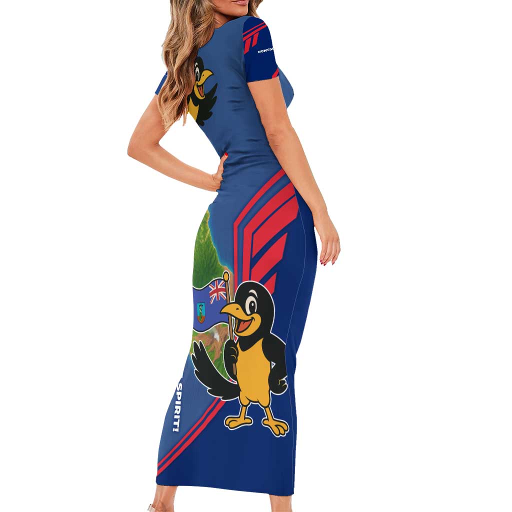 Montserrat Short Sleeve Bodycon Dress with Cartoon Bird and Island Map Blue Red Stripe Design - Wonder Print Shop