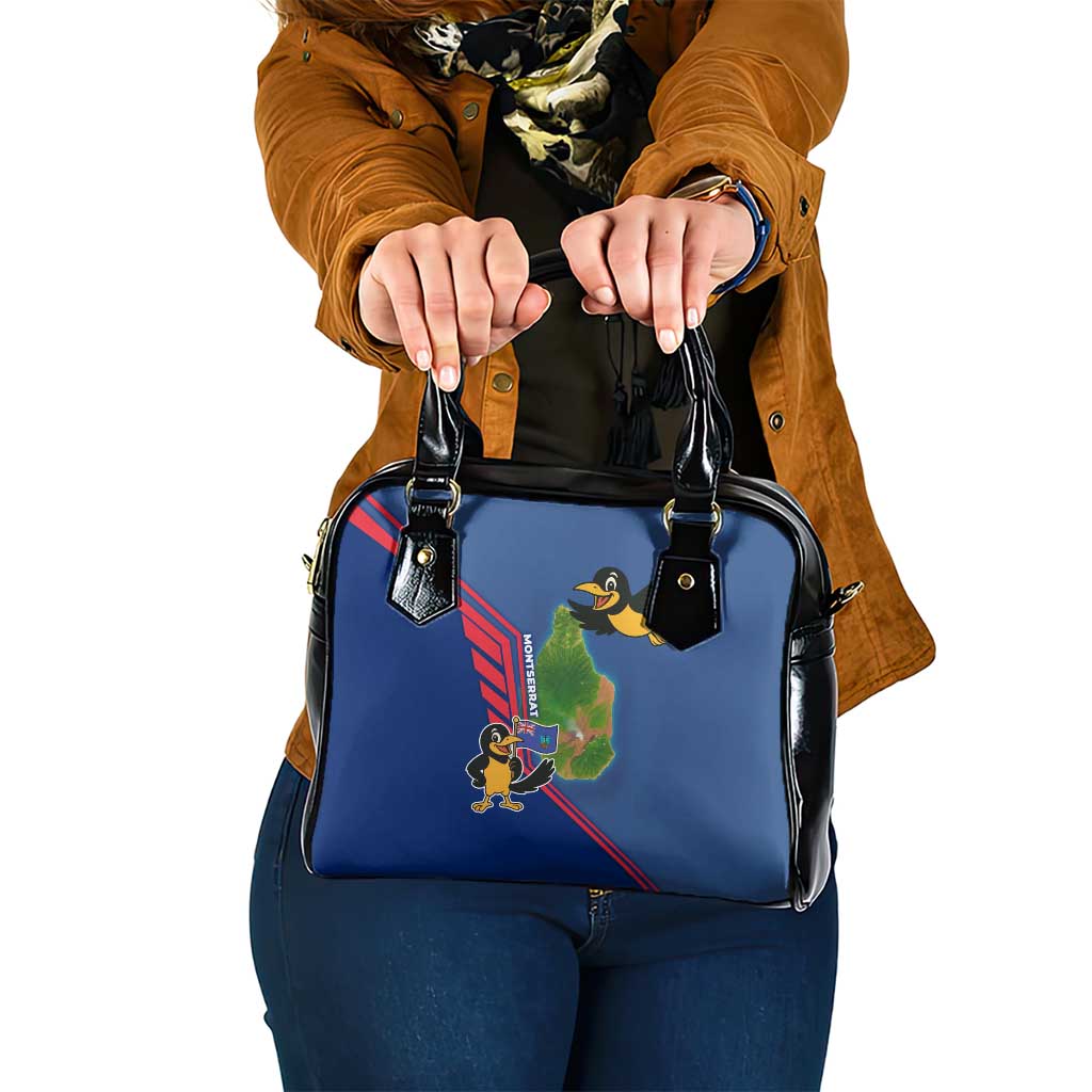 Montserrat Shoulder Handbag with Cartoon Bird and Island Map Blue Red Stripe Design - Wonder Print Shop