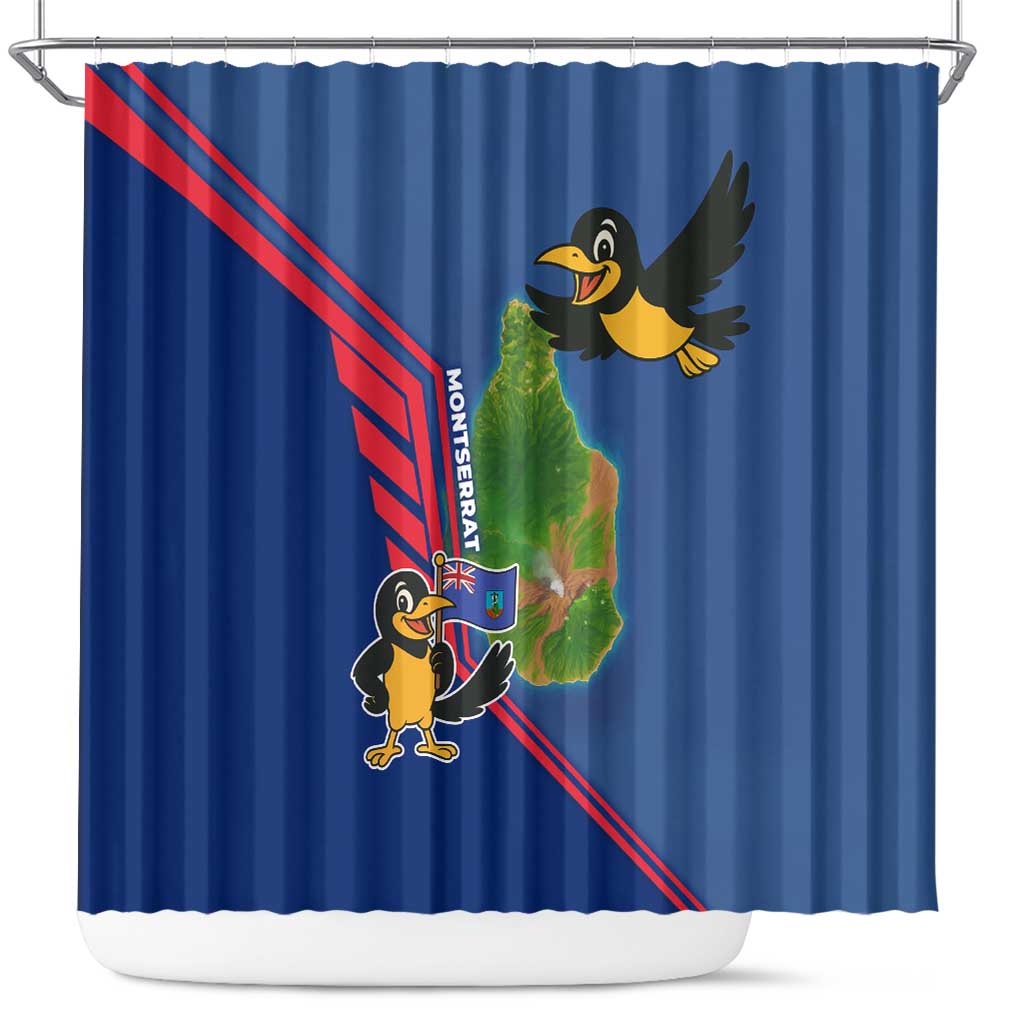 Montserrat Shower Curtain with Cartoon Bird and Island Map Blue Red Stripe Design - Wonder Print Shop