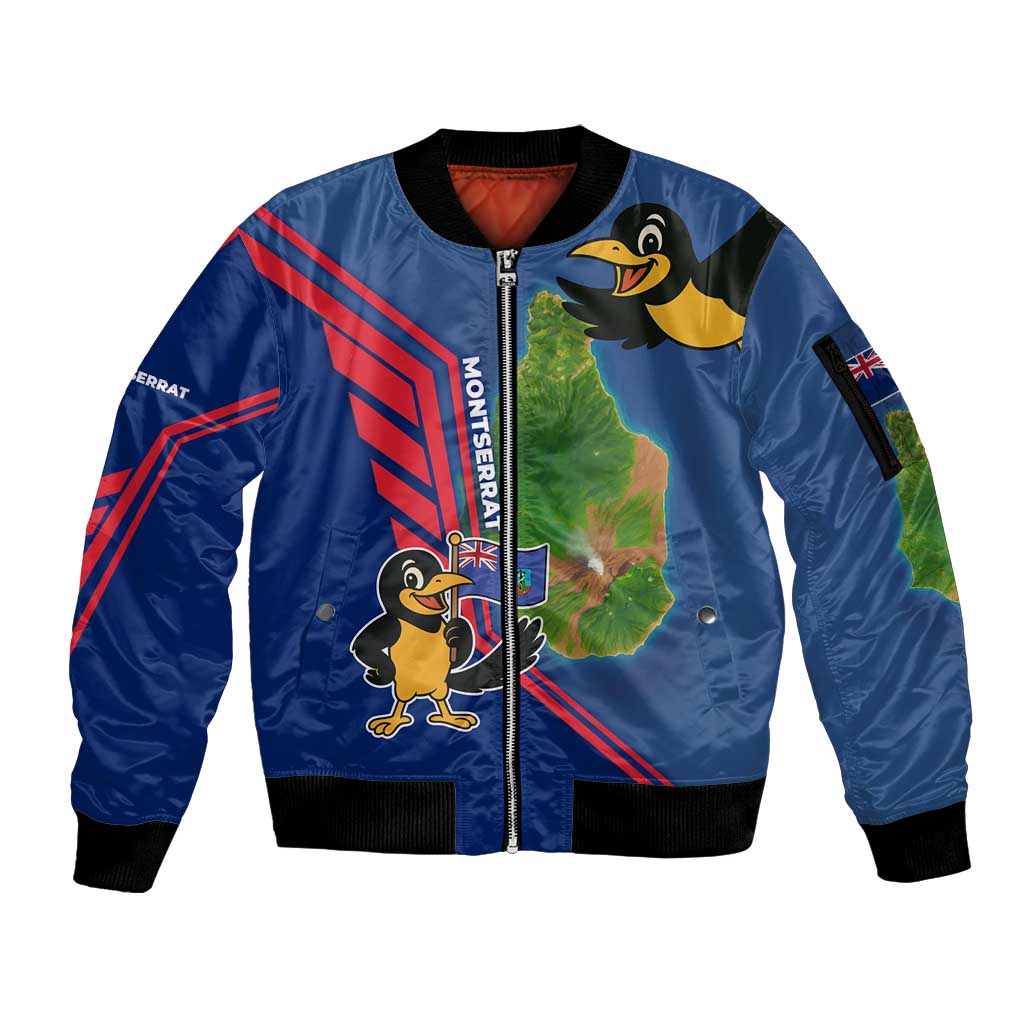 Montserrat Sleeve Zip Bomber Jacket with Cartoon Bird and Island Map Blue Red Stripe Design - Wonder Print Shop