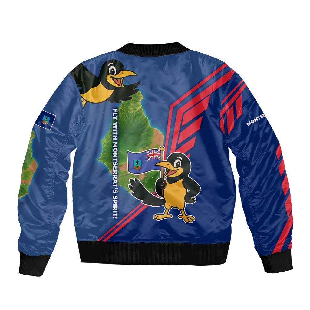 Montserrat Sleeve Zip Bomber Jacket with Cartoon Bird and Island Map Blue Red Stripe Design - Wonder Print Shop