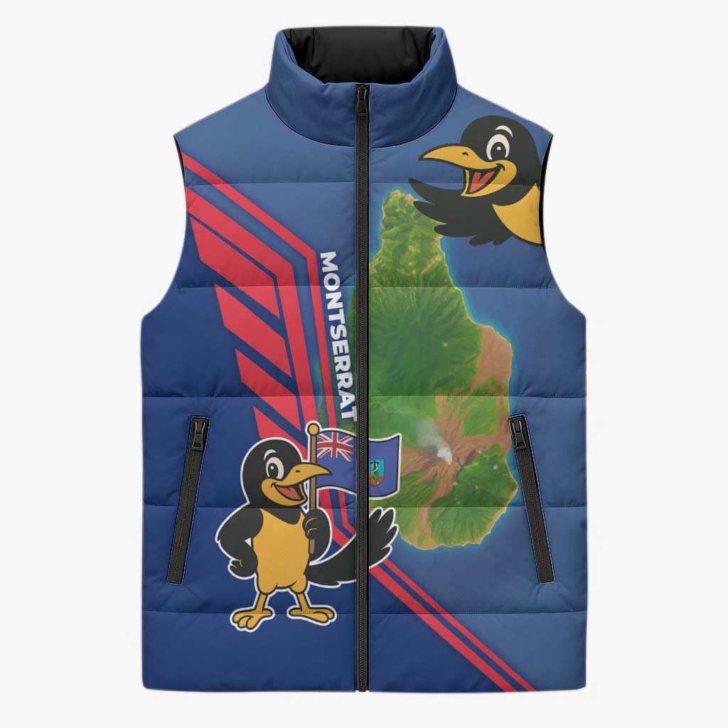Montserrat Sleeveless Puffer Jacket with Cartoon Bird and Island Map Blue Red Stripe Design - Wonder Print Shop