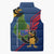 Montserrat Sleeveless Puffer Jacket with Cartoon Bird and Island Map Blue Red Stripe Design - Wonder Print Shop