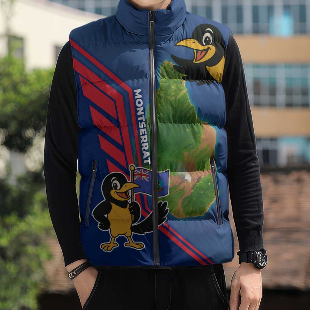 Montserrat Sleeveless Puffer Jacket with Cartoon Bird and Island Map Blue Red Stripe Design - Wonder Print Shop