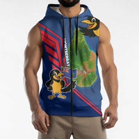 Montserrat Sleeveless Zip Hoodie with Cartoon Bird and Island Map Blue Red Stripe Design - Wonder Print Shop