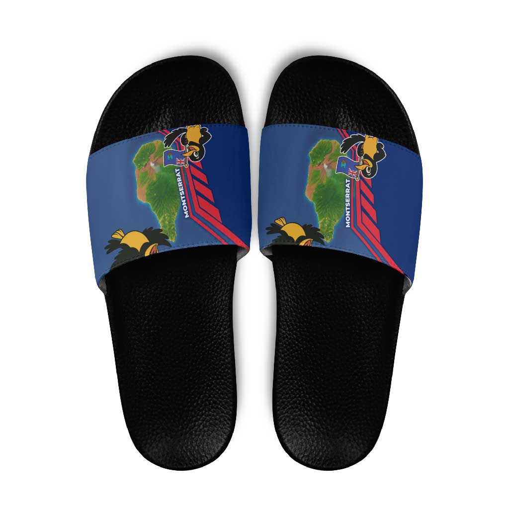 Montserrat Slide Sandals with Cartoon Bird and Island Map Blue Red Stripe Design - Wonder Print Shop