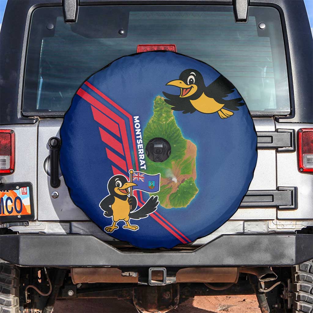 Montserrat Spare Tire Cover with Cartoon Bird and Island Map Blue Red Stripe Design - Wonder Print Shop