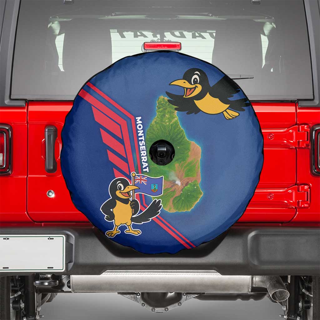 Montserrat Spare Tire Cover with Cartoon Bird and Island Map Blue Red Stripe Design - Wonder Print Shop