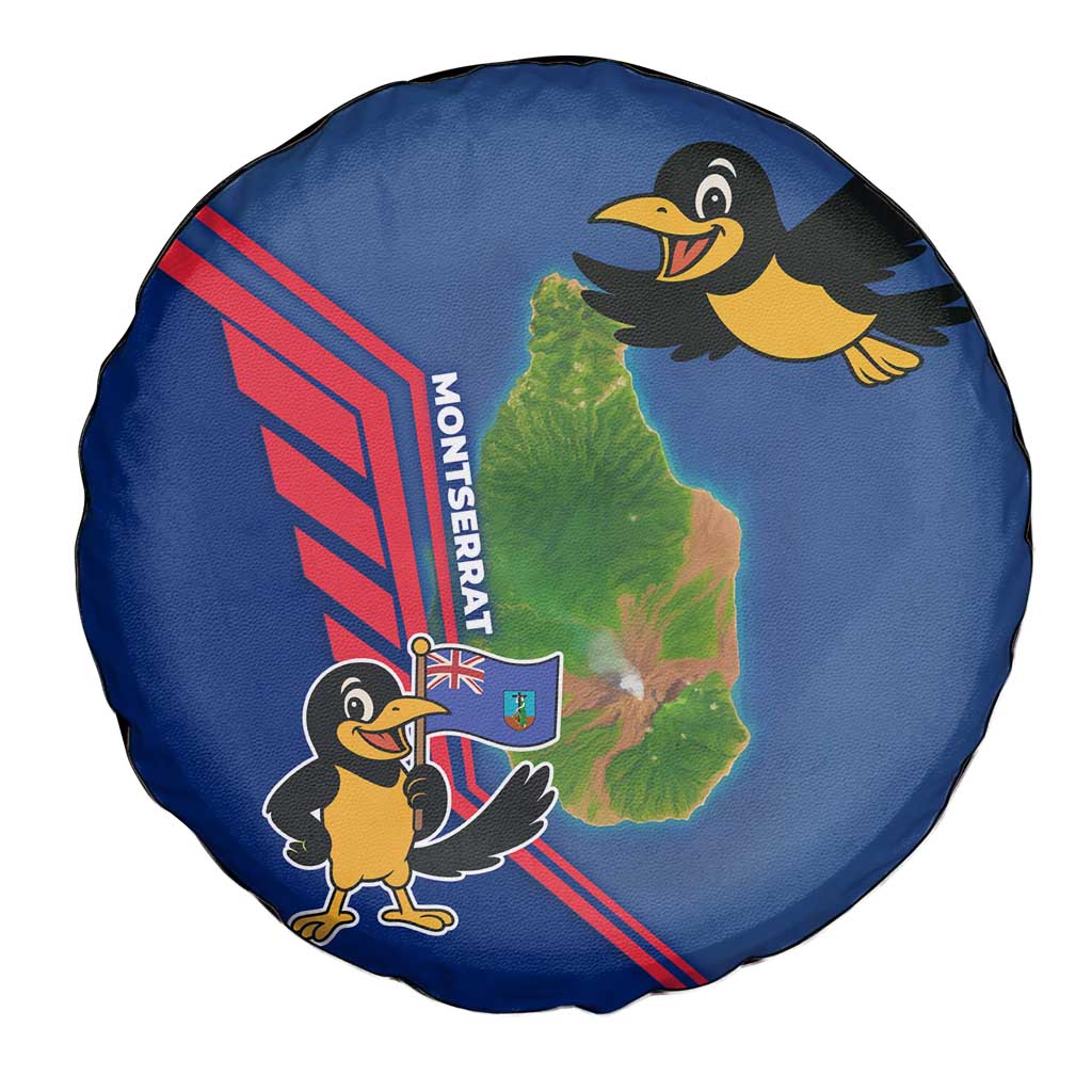 Montserrat Spare Tire Cover with Cartoon Bird and Island Map Blue Red Stripe Design - Wonder Print Shop
