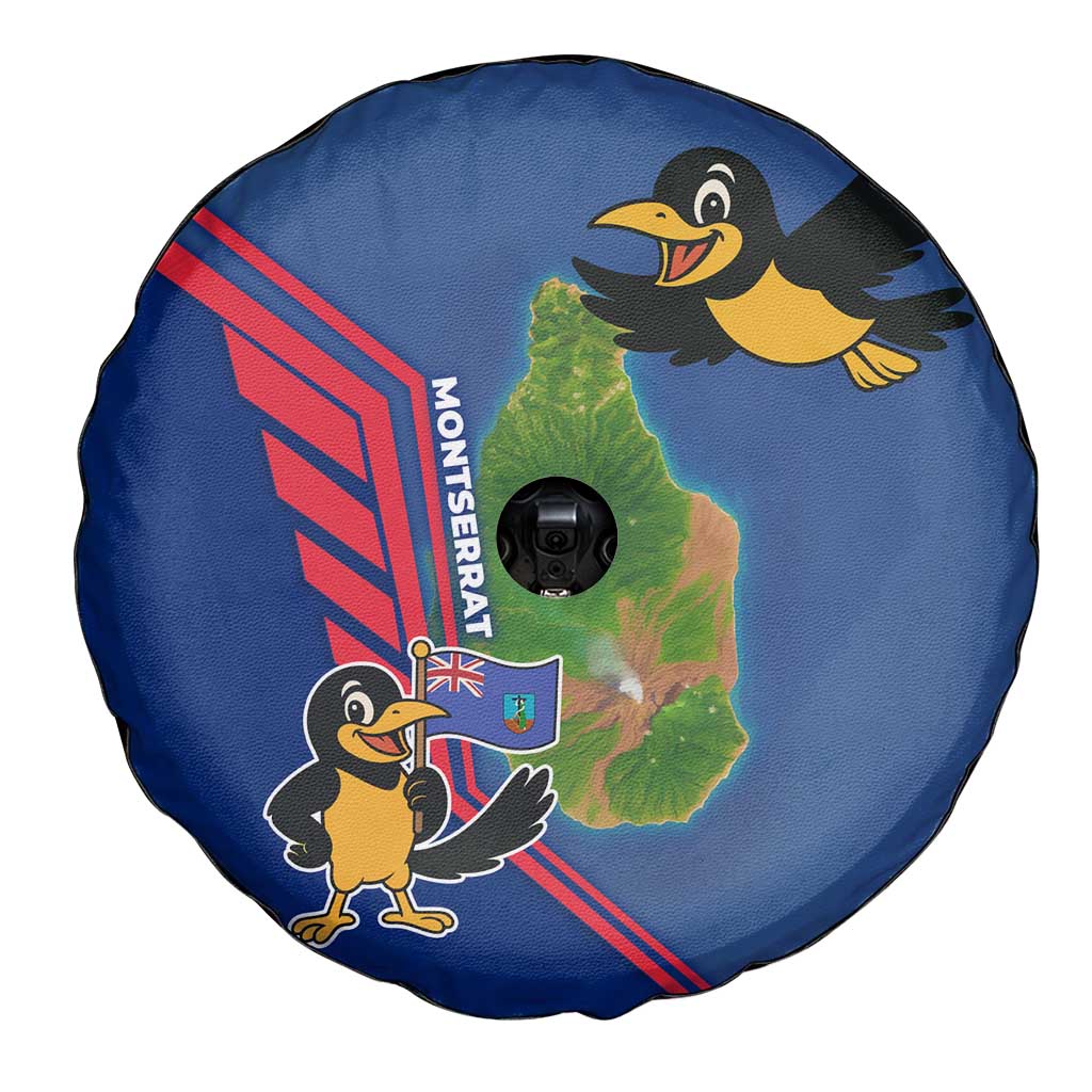 Montserrat Spare Tire Cover with Cartoon Bird and Island Map Blue Red Stripe Design - Wonder Print Shop